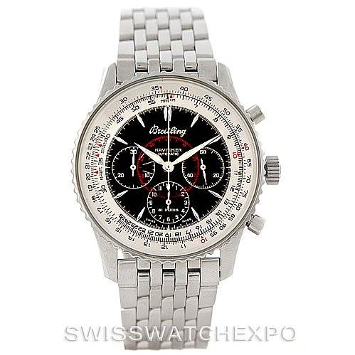 The image shows a front-facing view of a Breitling Navitimer K33030 Men's Stainless Steel Black Dial K33030 Men's Stainless Steel Black Dial watch, displaying its dial, bezel, and stainless steel bracelet.