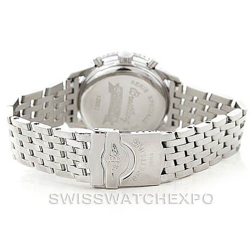 The image shows the case back and clasp of a Breitling Navitimer K33030 Men's Stainless Steel Black Dial K33030 Men's Stainless Steel Black Dial watch, emphasizing the metal bracelet and engraved details.