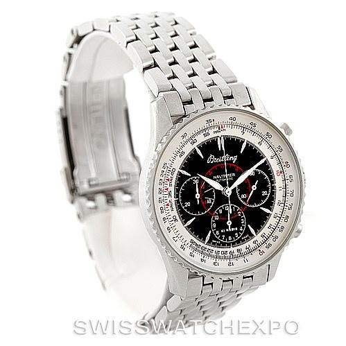 This image shows the Breitling Navitimer K33030 Men's Stainless Steel Black Dial K33030 Men's Stainless Steel Black Dial watch at a three-quarter angle, highlighting the face, case, bracelet, and clasp.