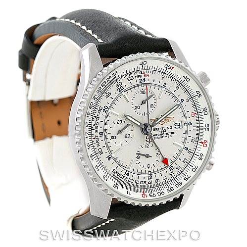 This image shows the Breitling Navitimer A24322 Men's Stainless Steel Silver Dial A24322 Men's Stainless Steel Silver Dial watch from a front-side angle, highlighting its dial, bezel, and leather strap.