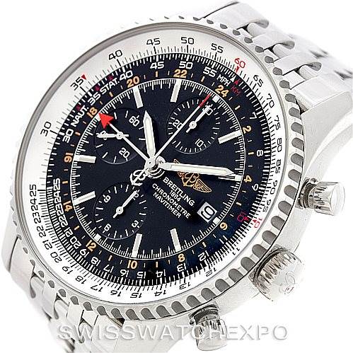 The image shows a frontal angle of the Breitling Navitimer A24322 Men's Stainless Steel Black Dial A24322 Men's Stainless Steel Black Dial watch, featuring its bezel, dial, crown, and part of the bracelet.