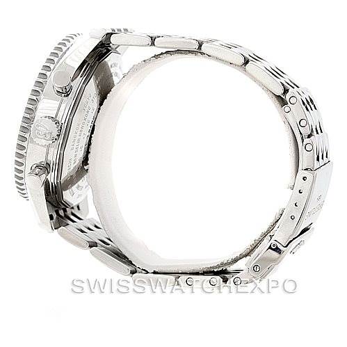 Side view of the Breitling Navitimer A24322 Men's Stainless Steel Black Dial A24322 Men's Stainless Steel Black Dial watch showing the crown, bezel, and metal bracelet.