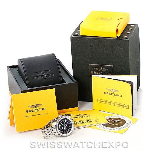 The image shows a Breitling Navitimer A24322 Men's Stainless Steel Black Dial A24322 Men's Stainless Steel Black Dial watch, its packaging, and accompanying documents from a front-top angle.