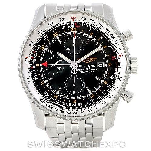 This image shows the front view of a Breitling Navitimer A24322 Men's Stainless Steel Black Dial A24322 Men's Stainless Steel Black Dial watch, highlighting its dial, bezel, chronograph subdials, and bracelet.