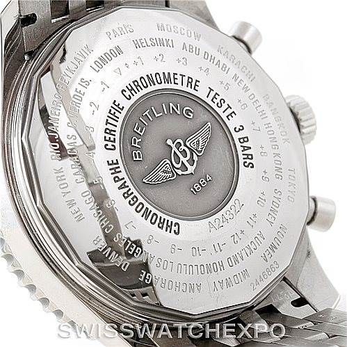 The image shows the case back of a Breitling Navitimer A24322 Men's Stainless Steel Black Dial A24322 Men's Stainless Steel Black Dial watch, displaying certification details and city names.