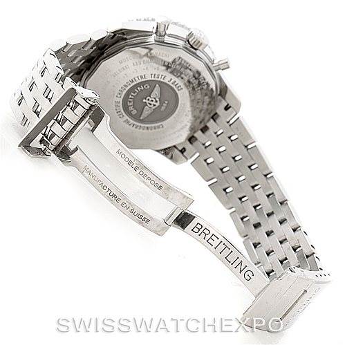 The image shows the open clasp and back side of a Breitling Navitimer A24322 Men's Stainless Steel Black Dial A24322 Men's Stainless Steel Black Dial watch, highlighting the bracelet and caseback.