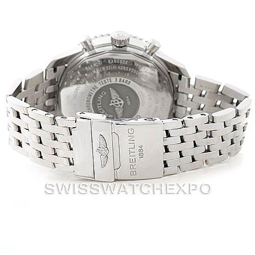 The image shows the back case and clasp of a Breitling Navitimer A24322 Men's Stainless Steel Black Dial A24322 Men's Stainless Steel Black Dial watch, highlighting its metallic bracelet and engraved details.