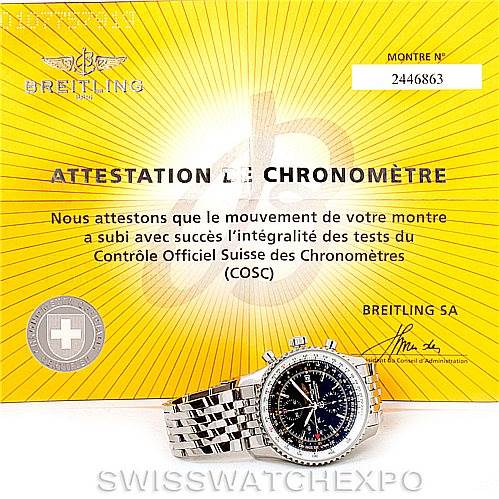 This image shows the Breitling Navitimer A24322 Men's Stainless Steel Black Dial A24322 Men's Stainless Steel Black Dial watch at a front angle, placed in front of its official COSC chronometer certification.