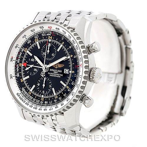The image shows a Breitling Navitimer A24322 Men's Stainless Steel Black Dial A24322 Men's Stainless Steel Black Dial watch at a three-quarter angle featuring the face, bezel, and part of the bracelet.
