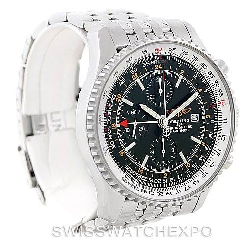 The image shows a Breitling Navitimer A24322 Men's Stainless Steel Black Dial A24322 Men's Stainless Steel Black Dial watch at an angled view, displaying its face, bezel, chronograph dials, and stainless steel bracelet.