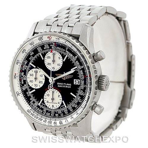 The image shows a Breitling Navitimer A13330 Men's Stainless Steel Black Dial A13330 Men's Stainless Steel Black Dial watch from a front-side angle, highlighting the bezel, dial, pushers, and bracelet.