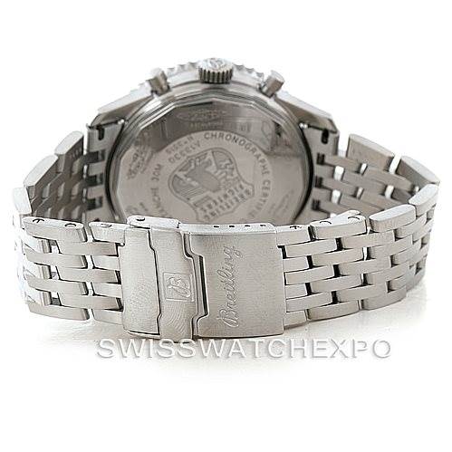 The image shows the back view of a Breitling Navitimer A13330 Men's Stainless Steel Black Dial A13330 Men's Stainless Steel Black Dial watch, focusing on the case back and bracelet clasp.