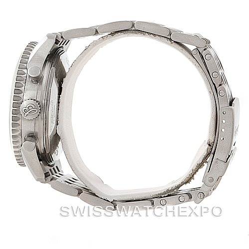 The image shows a side view of the Breitling Navitimer A13330 Men's Stainless Steel Black Dial A13330 Men's Stainless Steel Black Dial watch, highlighting the case, crown, pushers, and stainless steel bracelet.