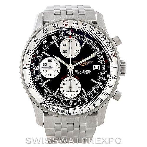 This image shows a front view of the Breitling Navitimer A13330 Men's Stainless Steel Black Dial A13330 Men's Stainless Steel Black Dial model watch featuring its face, bezel, and stainless steel bracelet.