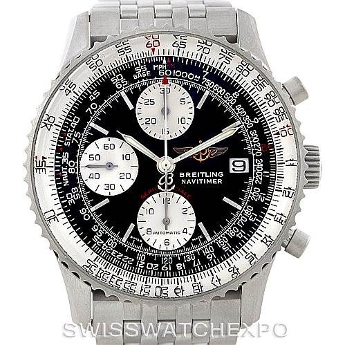 The image shows a front view of a Breitling Navitimer A13330 Men's Stainless Steel Black Dial A13330 Men's Stainless Steel Black Dial watch, displaying the dial, bezel, chronograph subdials, hands, and date window.