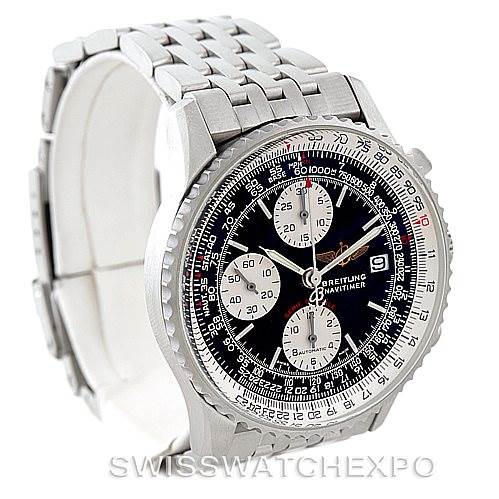 The image shows a Breitling Navitimer A13330 Men's Stainless Steel Black Dial A13330 Men's Stainless Steel Black Dial watch at an angle, highlighting the dial, bezel, and part of the metal bracelet.
