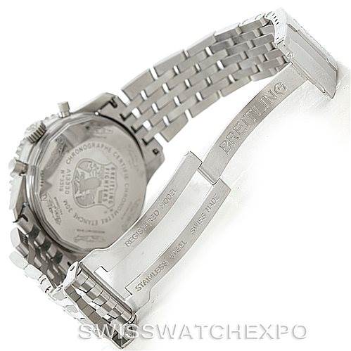 This image shows the back and clasp of a Breitling Navitimer A13330 Men's Stainless Steel Black Dial A13330 Men's Stainless Steel Black Dial watch, highlighting the stainless steel bracelet and engraved case back.