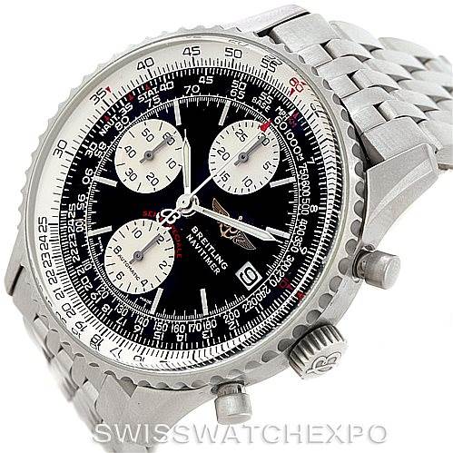 The Breitling Navitimer A13330 Men's Stainless Steel Black Dial A13330 Men's Stainless Steel Black Dial watch is shown at an angled front view, displaying its face, bezel, and part of the metal bracelet.