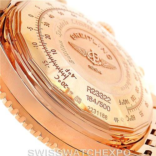 This image shows the back of a Breitling Navitimer R23322 Men's Rose Gold Black Dial R23322 Men's Rose Gold Black Dial watch at an angle, highlighting its engraved serial number and limited edition information.