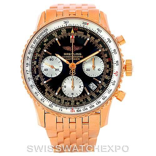 The image shows a front view of a Breitling Navitimer R23322 Men's Rose Gold Black Dial R23322 Men's Rose Gold Black Dial watch with a black dial, subdials, and a gold bracelet.
