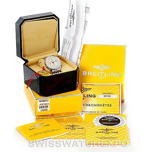 The image shows a Breitling Navitimer A21330 Men's Stainless Steel Silver Dial A21330 Men's Stainless Steel Silver Dial watch in its box, along with accompanying booklets and documentation.