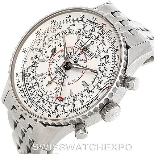 The image shows a Breitling Navitimer A21330 Men's Stainless Steel Silver Dial A21330 Men's Stainless Steel Silver Dial watch at a three-quarter angle, highlighting its dial, bezel, pushers, and bracelet.