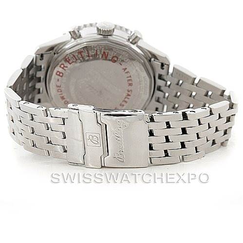 The image shows the back view of the Breitling Navitimer A21330 Men's Stainless Steel Silver Dial A21330 Men's Stainless Steel Silver Dial watch, highlighting its stainless steel bracelet and clasp.