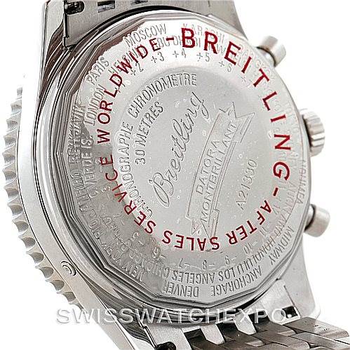 The image shows the case back and part of the metal bracelet of a Breitling Navitimer A21330 Men's Stainless Steel Silver Dial A21330 Men's Stainless Steel Silver Dial watch.