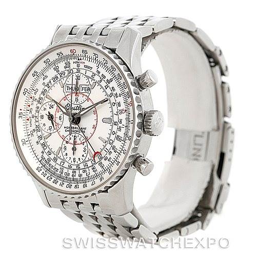 This image shows the Breitling Navitimer A21330 Men's Stainless Steel Silver Dial A21330 Men's Stainless Steel Silver Dial watch from a three-quarter angle, highlighting the face, crown, chronograph pushers, and bracelet.
