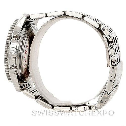 The image shows a side view of a Breitling Navitimer A21330 Men's Stainless Steel Silver Dial A21330 Men's Stainless Steel Silver Dial watch, highlighting its case, bezel, and part of the bracelet.