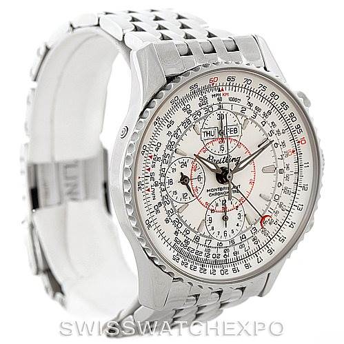 The image shows a Breitling Navitimer A21330 Men's Stainless Steel Silver Dial A21330 Men's Stainless Steel Silver Dial watch angled to display its face, bezel, and part of the bracelet.