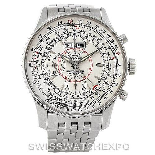 The image shows a frontal view of a Breitling Navitimer A21330 Men's Stainless Steel Silver Dial A21330 Men's Stainless Steel Silver Dial watch, highlighting its intricate dial, bezel, and stainless steel bracelet.