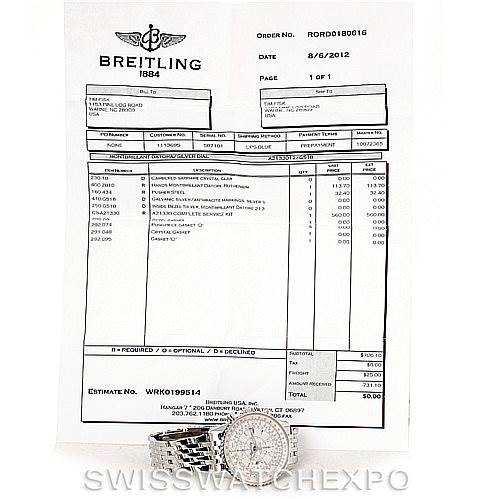 The image shows the Breitling Navitimer A21330 Men's Stainless Steel Silver Dial A21330 Men's Stainless Steel Silver Dial watch placed below an invoice from Breitling.