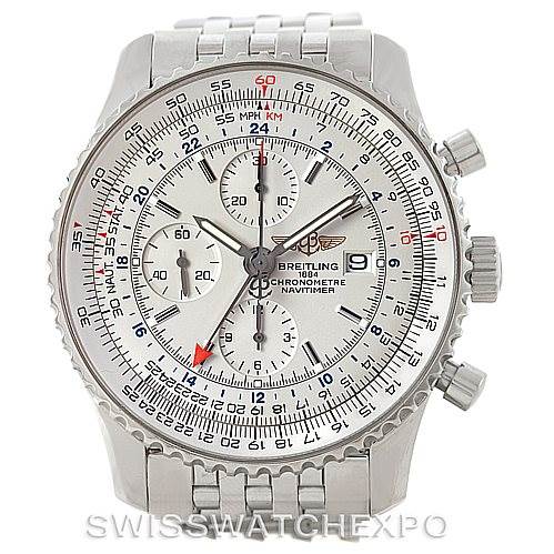 The image shows a front view of a Breitling Navitimer A24322 Men's Stainless Steel White Dial A24322 Men's Stainless Steel White Dial watch, displaying the face, bezel, and part of the metal bracelet.