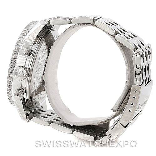 The image shows the Breitling Navitimer A24322 Men's Stainless Steel White Dial A24322 Men's Stainless Steel White Dial watch from a side angle, highlighting its bezel, crown, pushers, and metal bracelet.
