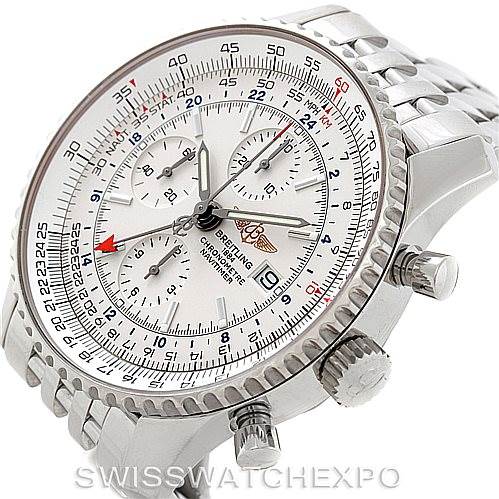 The image shows a side angle of the Breitling Navitimer A24322 Men's Stainless Steel White Dial A24322 Men's Stainless Steel White Dial watch, highlighting its dial, bezel, pushers, and part of the bracelet.