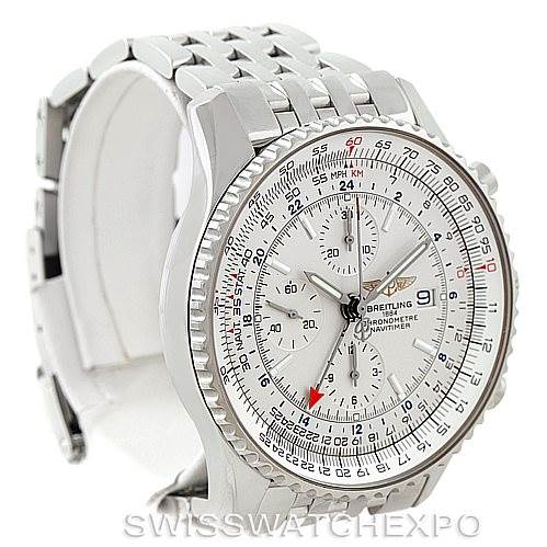 The image shows a side angled view of the Breitling Navitimer A24322 Men's Stainless Steel White Dial A24322 Men's Stainless Steel White Dial watch, highlighting its face and linked metal bracelet.