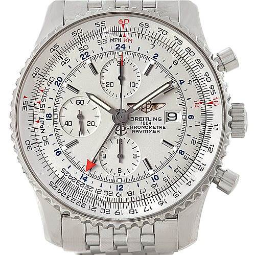 This image shows a front view of the Breitling Navitimer A24322 Men's Stainless Steel White Dial A24322 Men's Stainless Steel White Dial watch, displaying the dial, subdials, bezel, and part of the bracelet.
