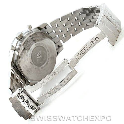 The image shows the back angle of a Breitling Navitimer A24322 Men's Stainless Steel White Dial A24322 Men's Stainless Steel White Dial watch, highlighting the bracelet and clasp with the Breitling logo.