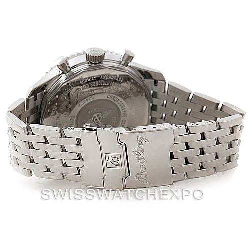The image shows the back view of a Breitling Navitimer A24322 Men's Stainless Steel White Dial A24322 Men's Stainless Steel White Dial watch, focusing on the clasp and case back.