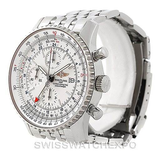 The image shows a Breitling Navitimer A24322 Men's Stainless Steel White Dial A24322 Men's Stainless Steel White Dial watch at a three-quarter angle, highlighting the dial, bezel, chronograph pushers, and bracelet.