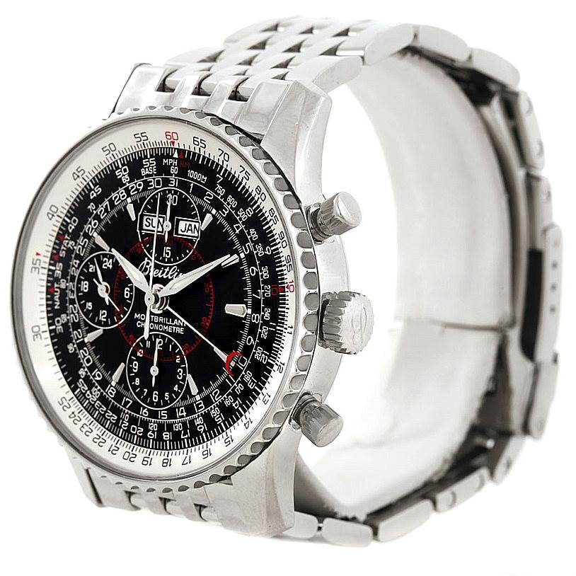 The image shows a Breitling Navitimer A21330 Men
s Stainless Steel Black Dial A21330 Men
s Stainless Steel Black Dial watch at an angled view, highlighting the face, bezel, crown, pushers, and metal strap.