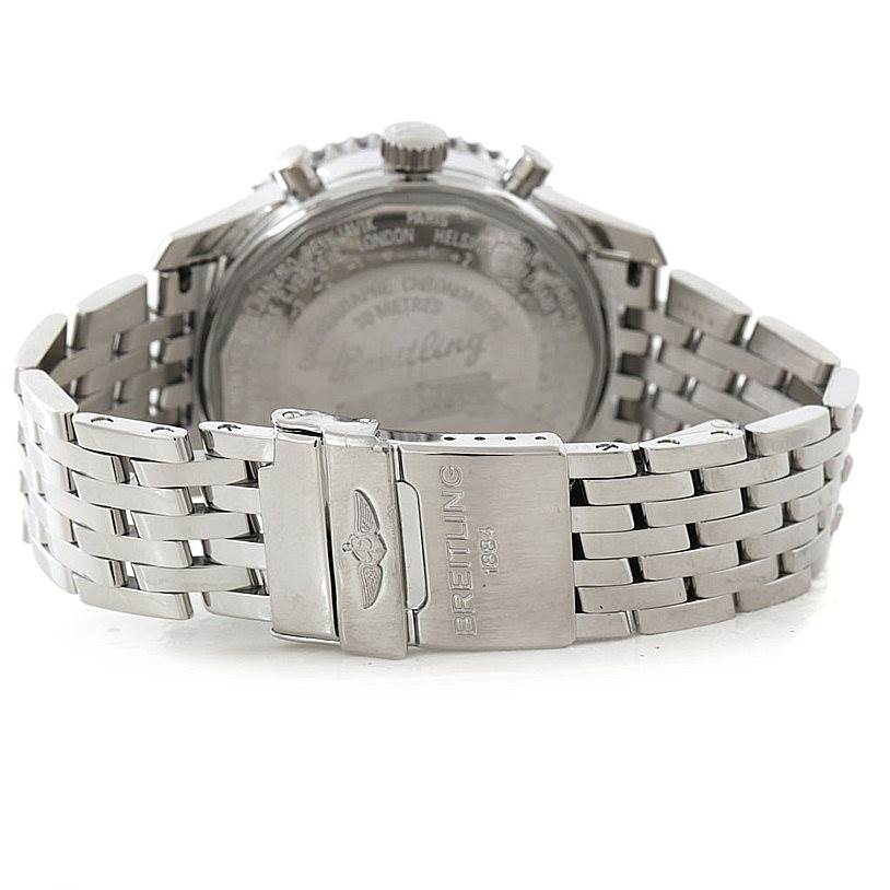 The image shows the back view of a Breitling Navitimer A21330 Men
s Stainless Steel Black Dial A21330 Men
s Stainless Steel Black Dial watch, highlighting the case back and metal bracelet with the clasp.