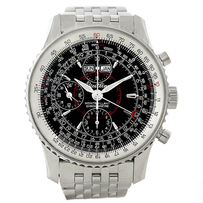 The image shows a front view of the Breitling Navitimer A21330 Men
s Stainless Steel Black Dial A21330 Men
s Stainless Steel Black Dial watch, featuring its detailed dial and metal bracelet.