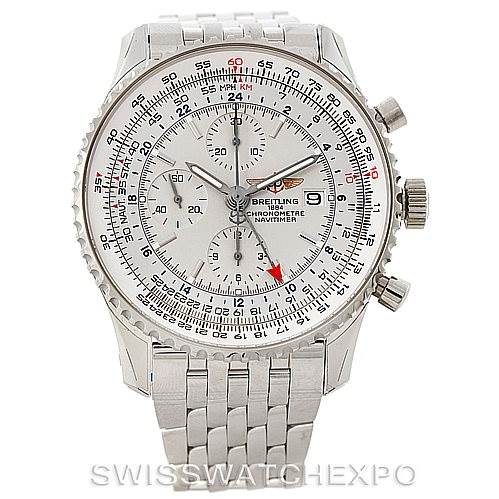 Image shows a Breitling Navitimer A24322 Men's Stainless Steel White Dial A24322 Men's Stainless Steel White Dial watch from a front angle, displaying its dial, chronograph subdials, and stainless steel bracelet.