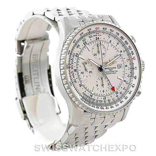 The image shows a Breitling Navitimer A24322 Men's Stainless Steel White Dial A24322 Men's Stainless Steel White Dial watch at a three-quarter angle highlighting the face, bezel, and part of the metal bracelet.