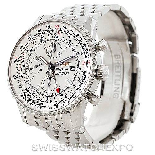 The image shows a Breitling Navitimer A24322 Men's Stainless Steel White Dial A24322 Men's Stainless Steel White Dial watch at a three-quarter angle, highlighting the watch face, bezel, crown, and bracelet.