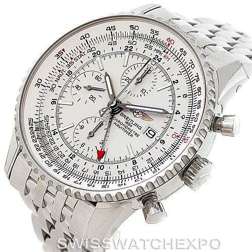 The image shows a Breitling Navitimer A24322 Men's Stainless Steel White Dial A24322 Men's Stainless Steel White Dial watch at an angled close-up, highlighting its dial, bezel, pushers, and bracelet.