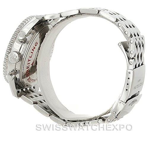 The image shows the side view of a Breitling Navitimer A24322 Men's Stainless Steel White Dial A24322 Men's Stainless Steel White Dial watch with its metal bracelet and clasp.