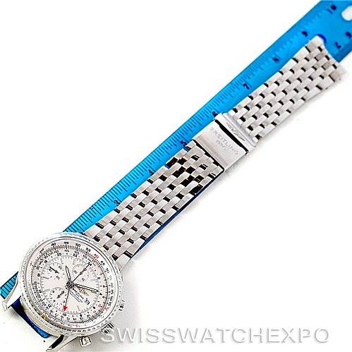 The image shows a top-down view of a Breitling Navitimer A24322 Men's Stainless Steel White Dial A24322 Men's Stainless Steel White Dial watch, displaying the watch face, bracelet, and clasp next to a blue ruler.